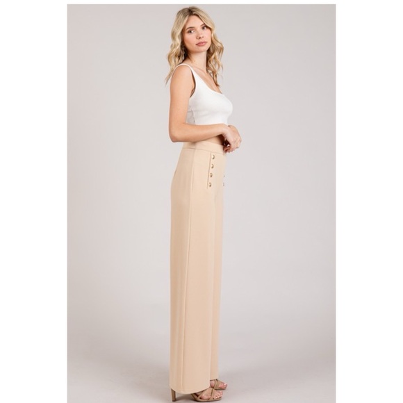 Beige Stretch Gold Button Trim High Waist Wide Leg Trousers - Picture 2 of 3